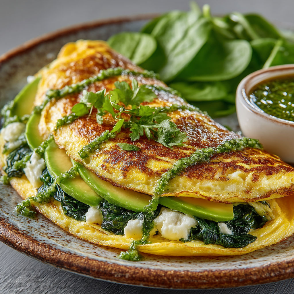 Omelette garnie aux épinards.