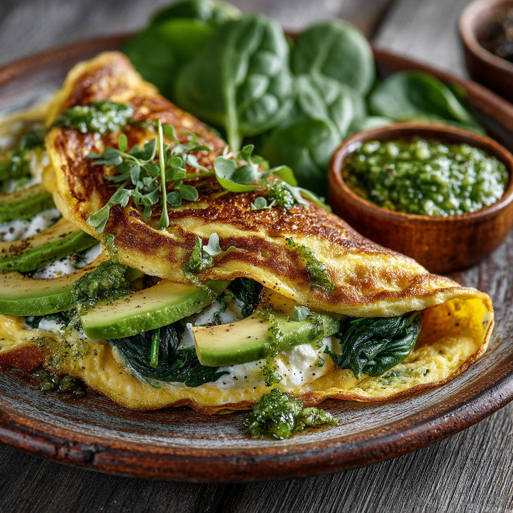 Une omelette avec des légumes verts et des herbes.