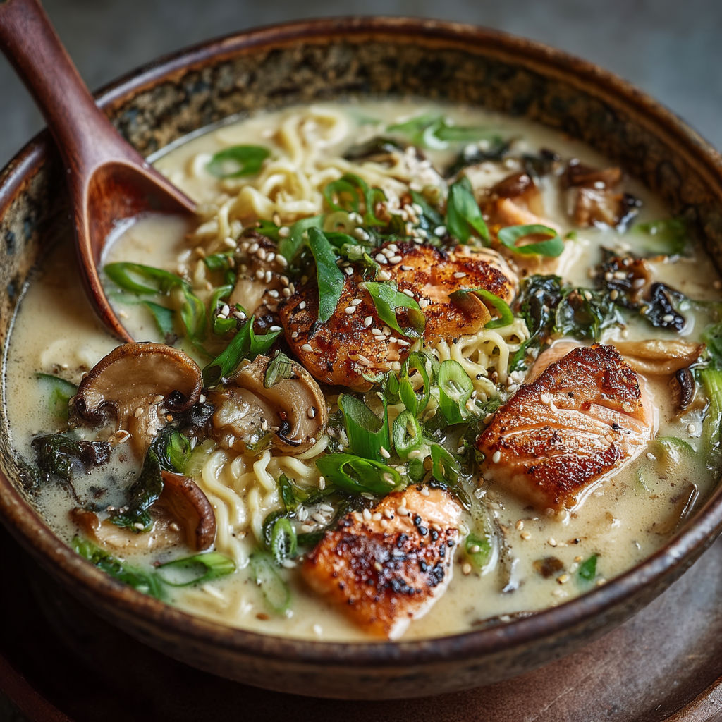 Une soupe de noodles avec des légumes et des poissons.