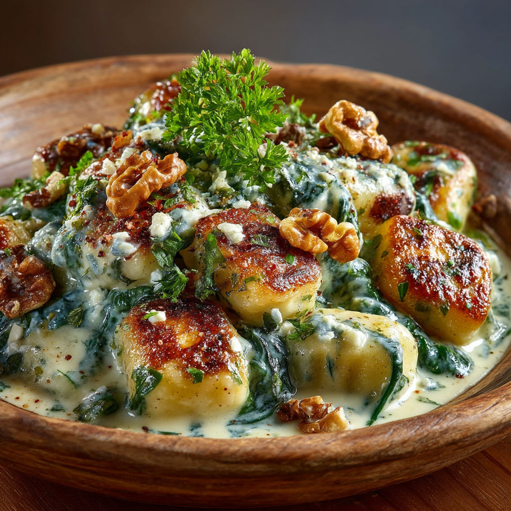 Gnocchi avec des épinards et du gorgonzola.