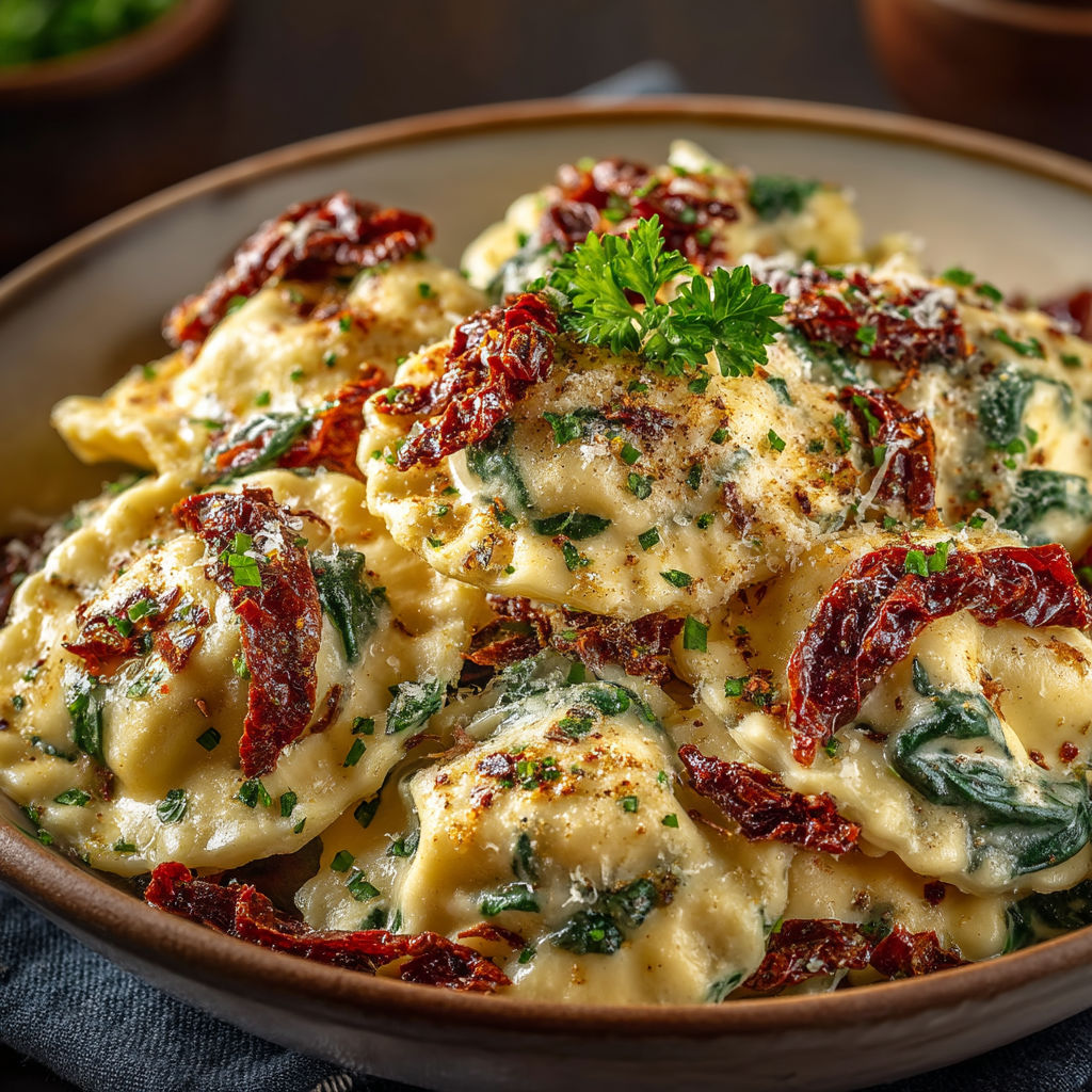 Une assiette de macaroni avec des herbes et des tomates.