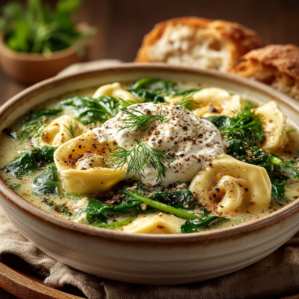 Une soupe de macaroni avec des légumes verts et des herbes.