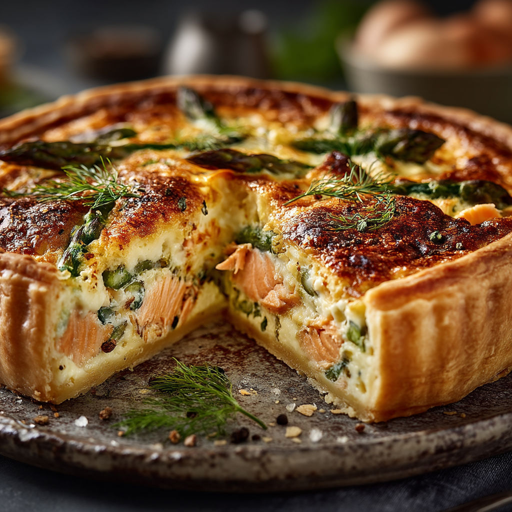 Une quiche aux asperges et truite fumée.