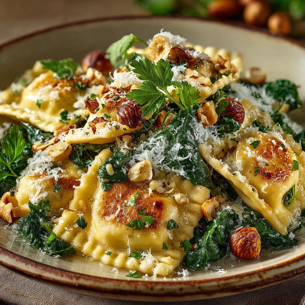 Une assiette de pâtes avec des noix et des épinards.