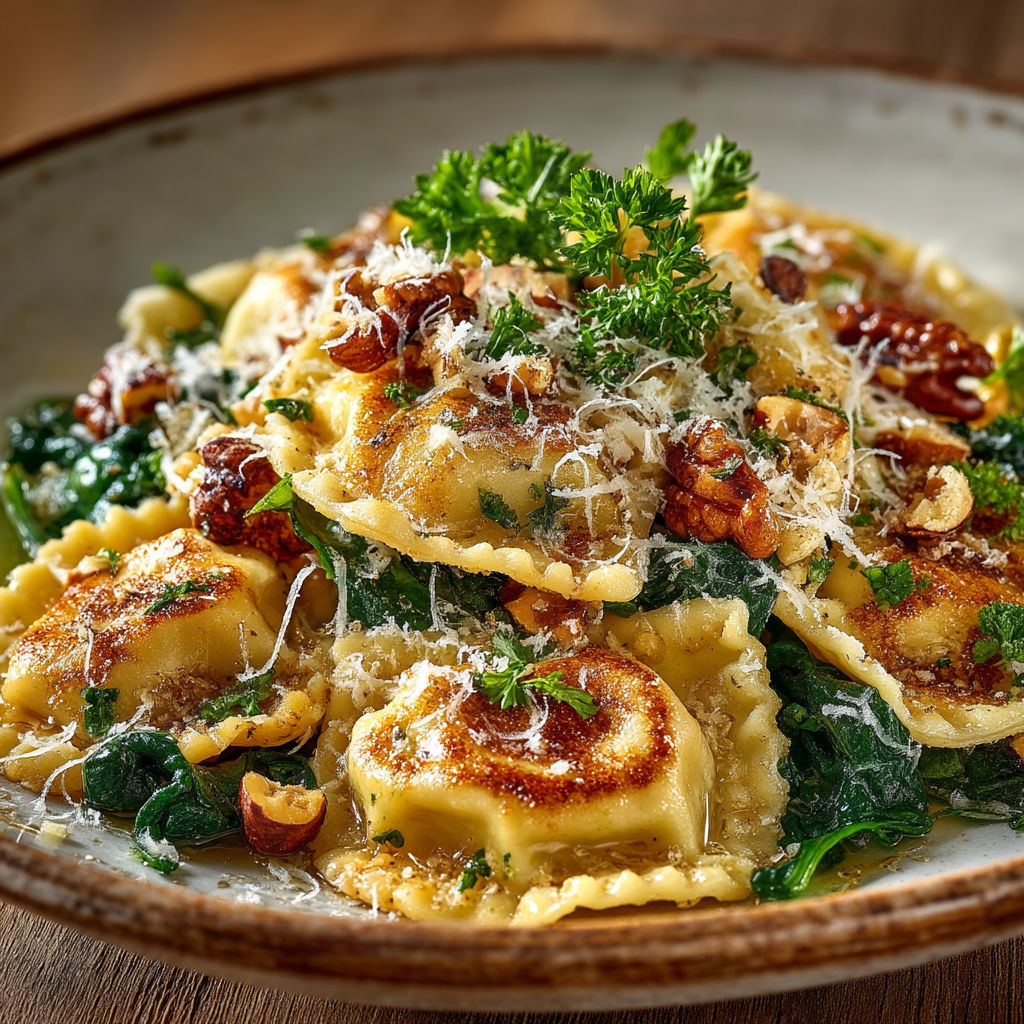 Une assiette de ravioli avec des herbes et des noix.