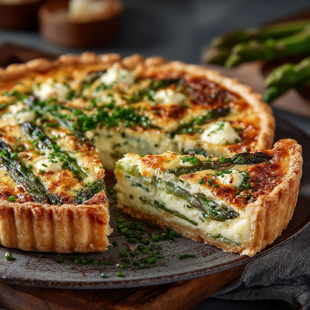 Une quiche aux asperges et fromage frais.