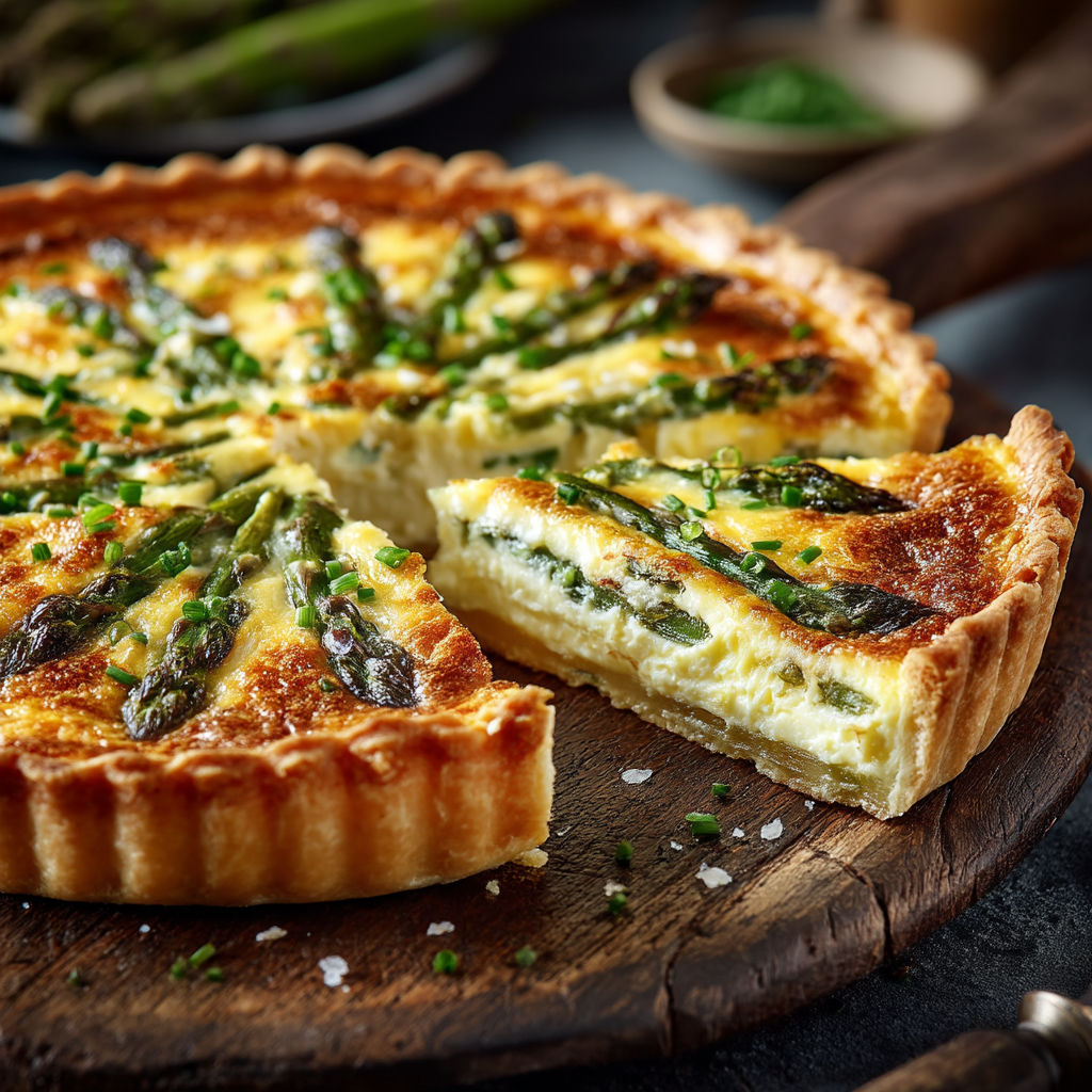 Une tarte aux asperges est servie sur une table.