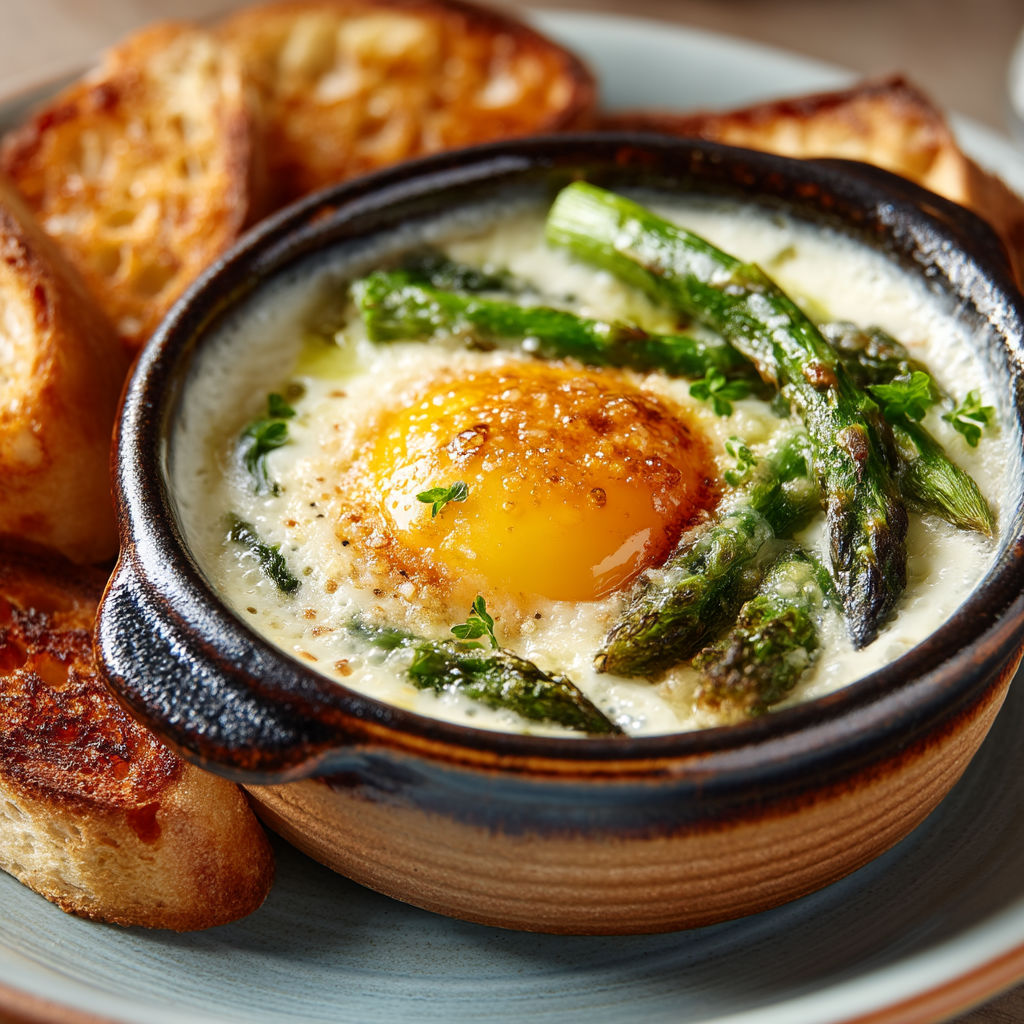 Une casserole de œufs cocottes et asperges.