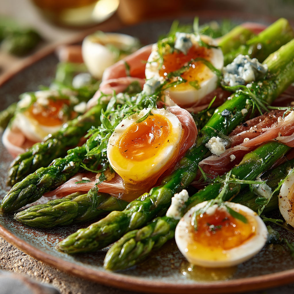 Une asperge avec un oeuf et du bacon.