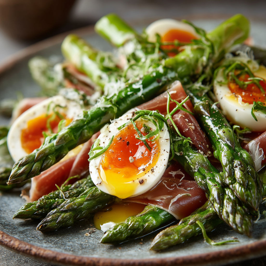 Une assiette de légumes et de viande avec des oeufs entiers.