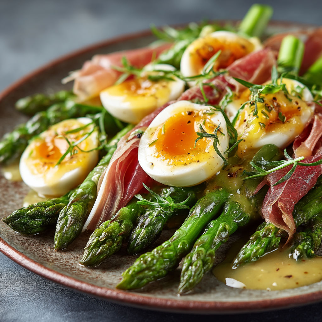 Une assiette de légumes et de viande, avec des oeufs et des asperges.
