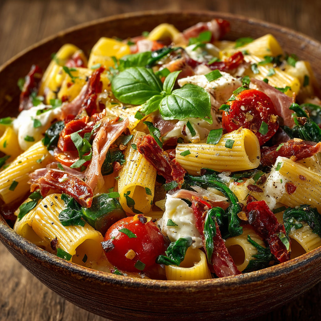 Salade de pâtes, tomate séchée & jambon cru.