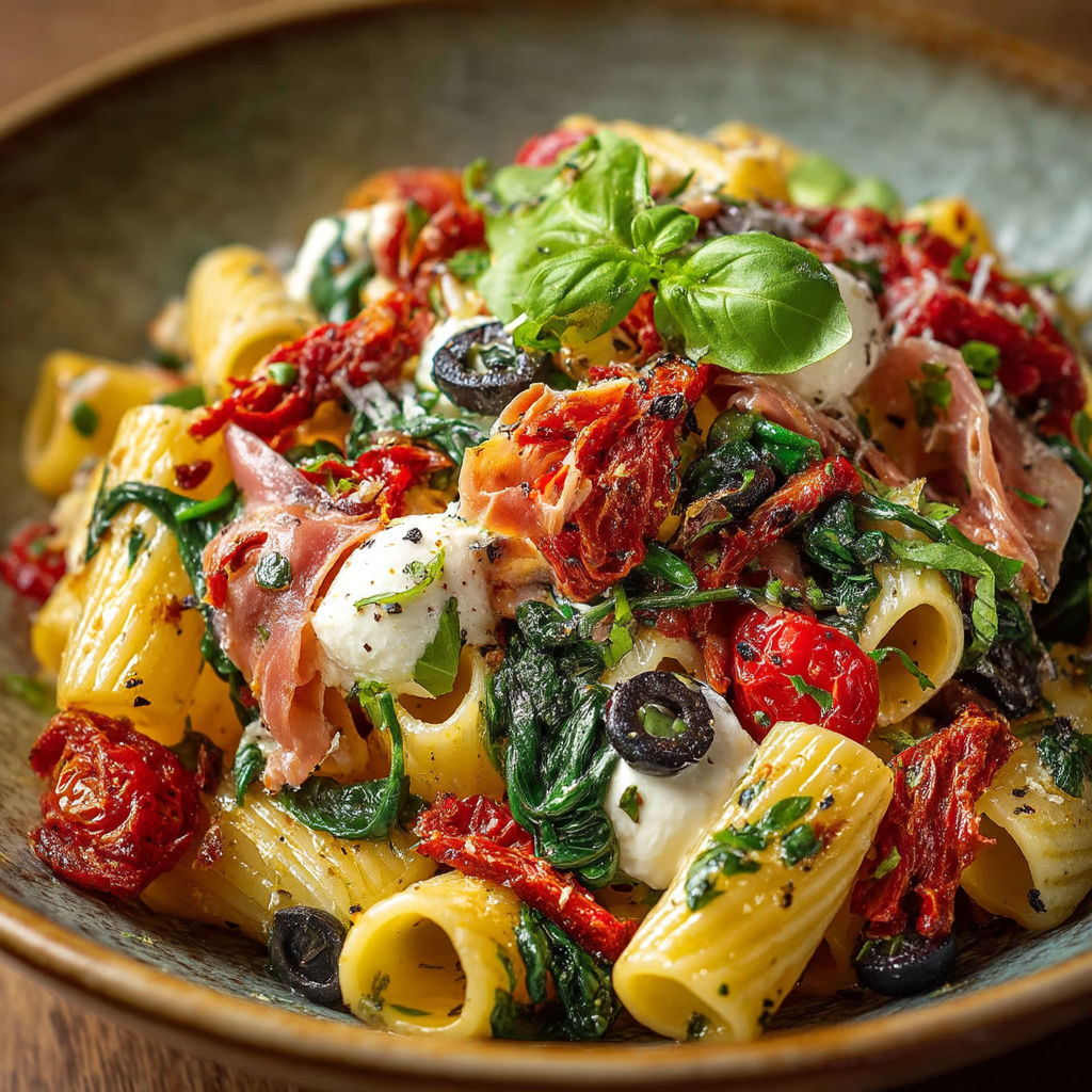 Une salade de pâtes et de légumes colorés.