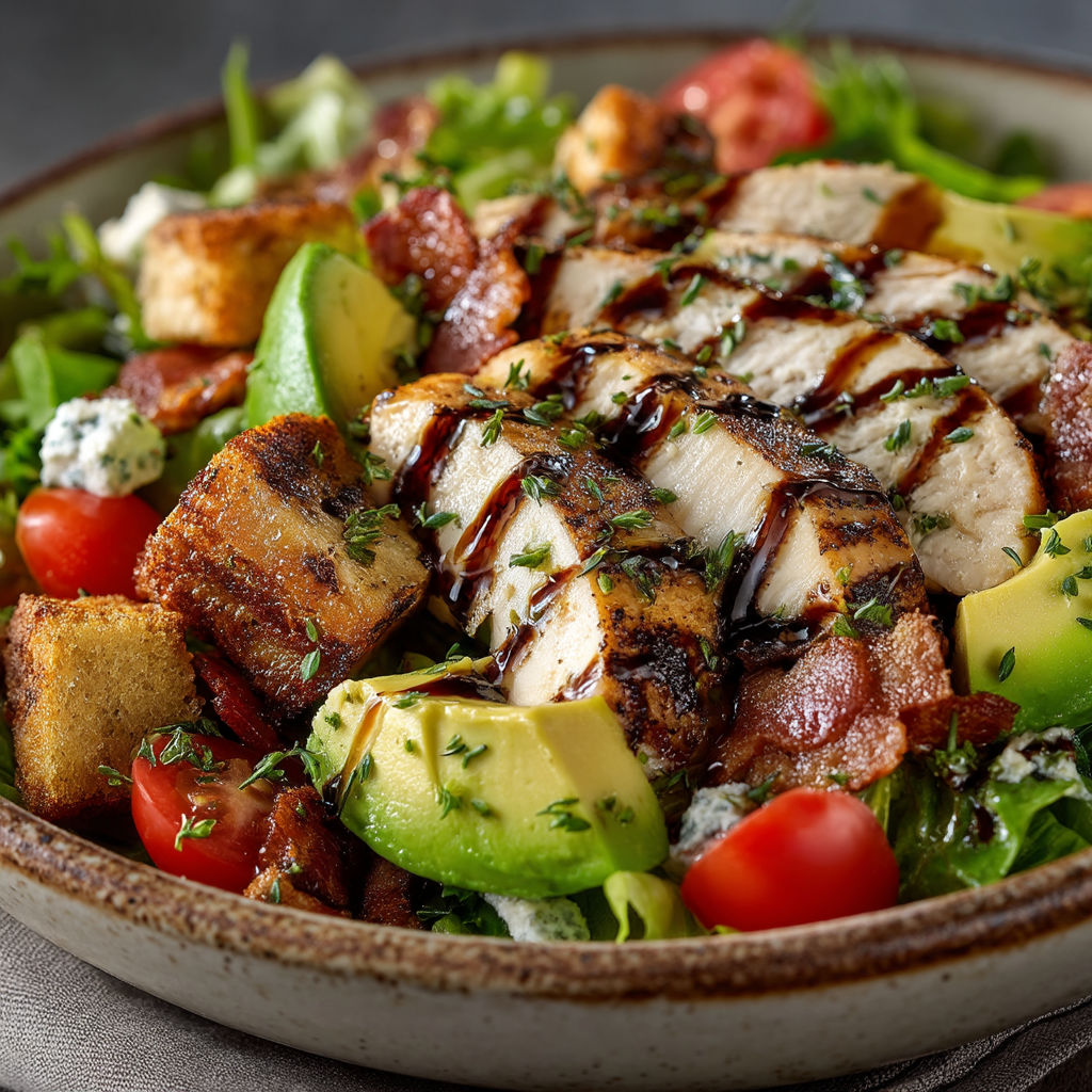 Salade de poulet avec avocat et tomate.