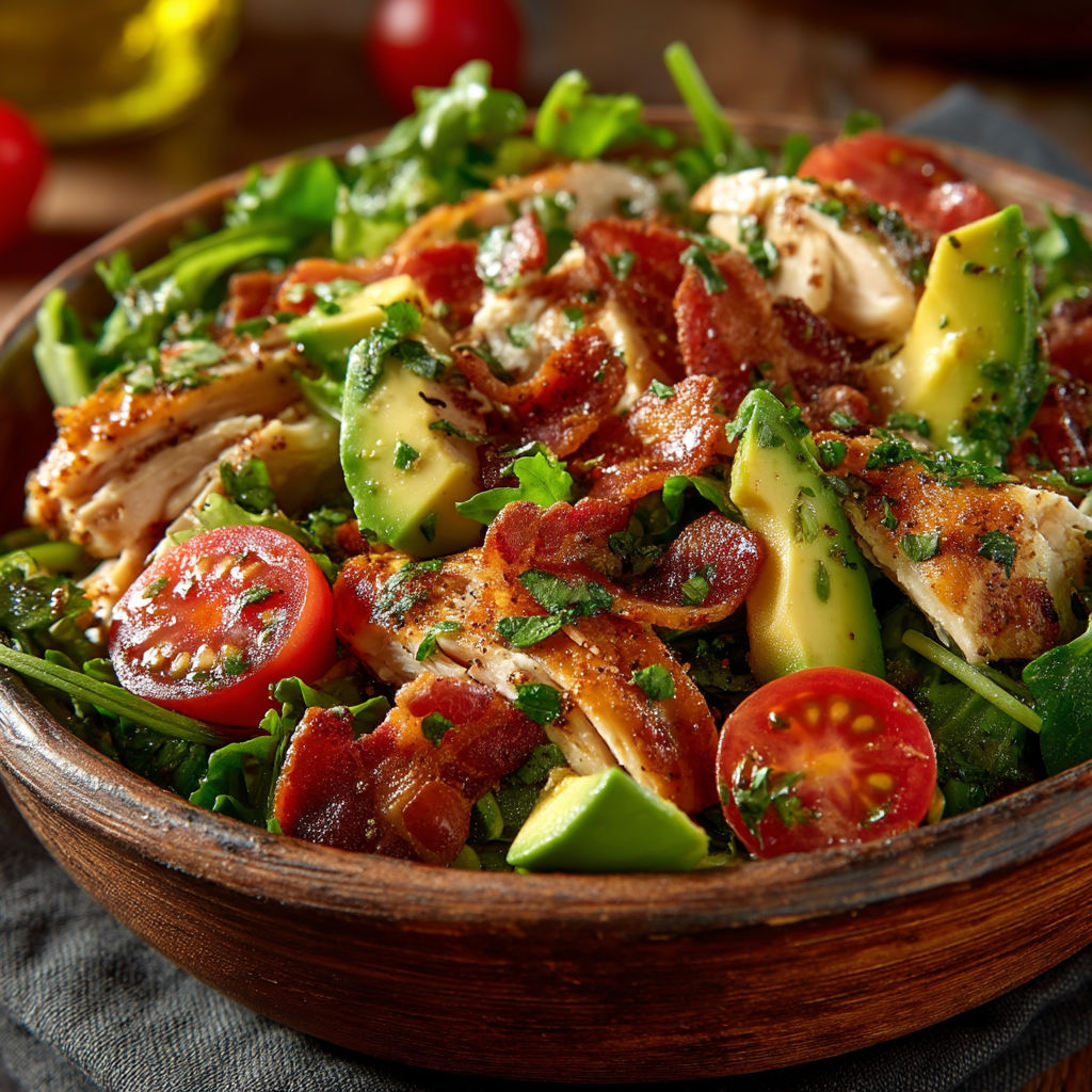 Salade de poulet avec avocat et tomate.