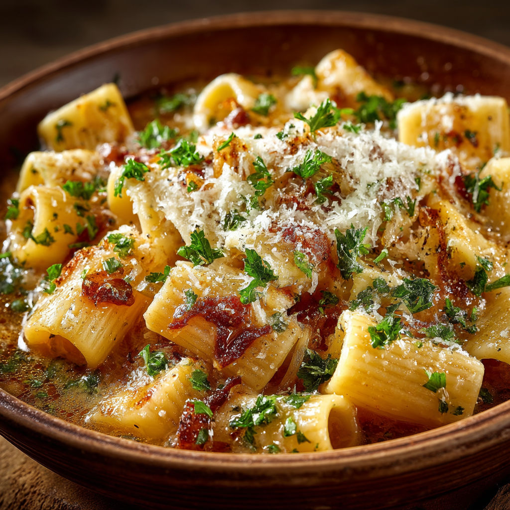 Une casserole de macaroni avec des herbes et du parmesan.
