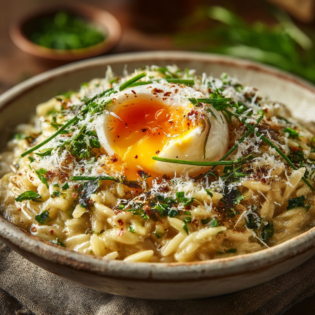 Orzotto crémeux poireaux & œuf mollet.