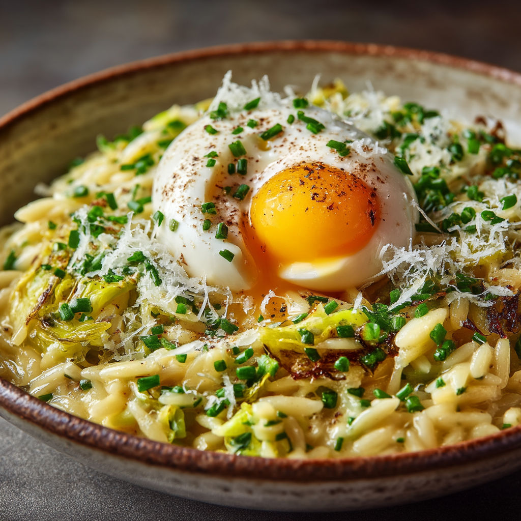 Une assiette de riz avec une omelette et des herbes.