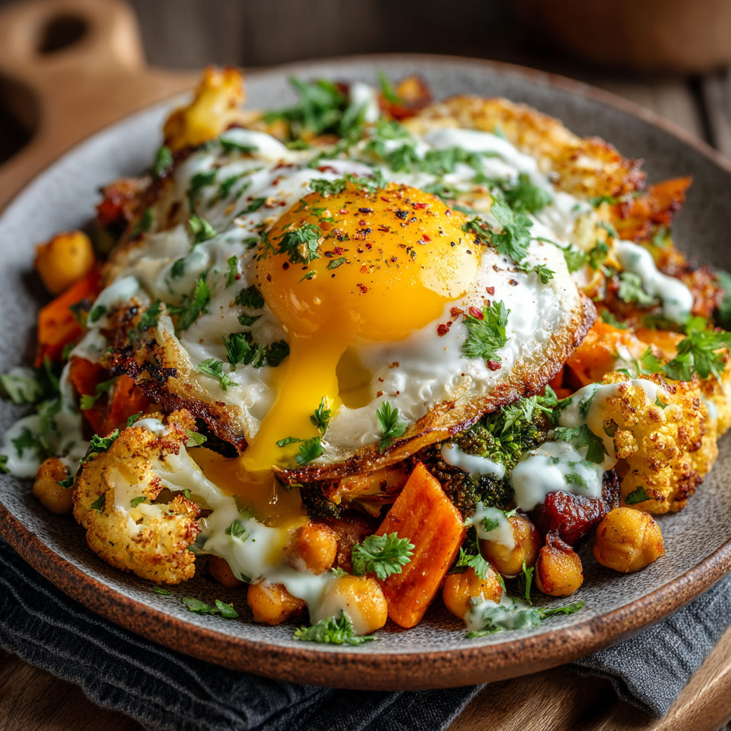 Une assiette de légumes et de poulet avec une omelette au centre.
