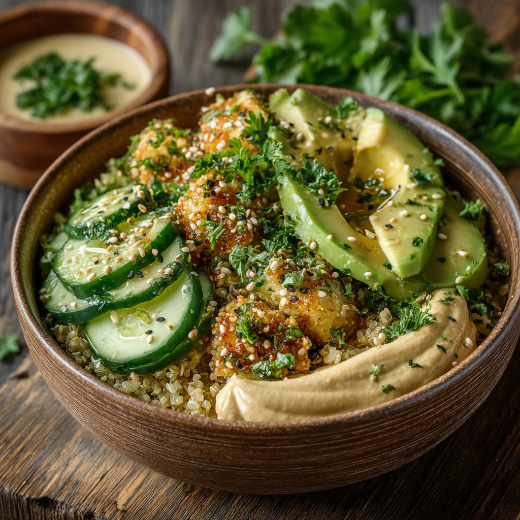 Une assiette de salade contenant des avocats, des cucumbers, des noix de coco et du yaourt.