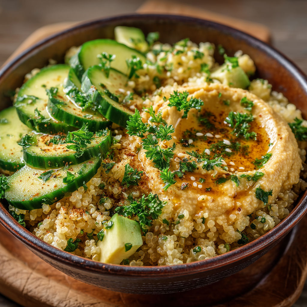 Une assiette de couscous avec des légumes verts.