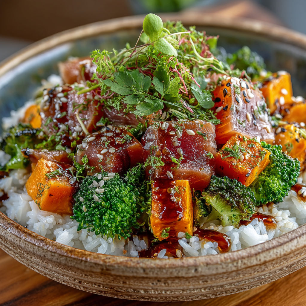 Tuna bowl avec des légumes verts.