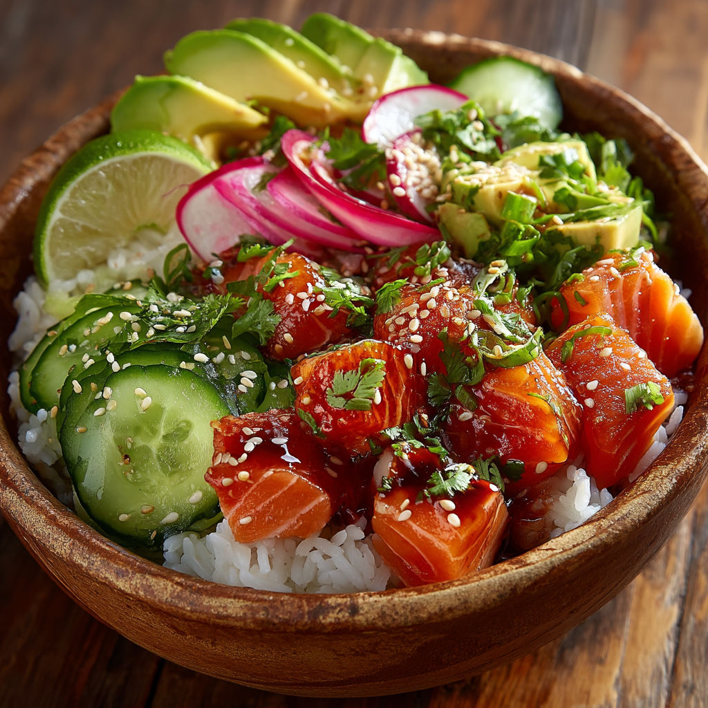 Poke bowl avec avocat, cucumber, lime, pamplemousse, radicchio, salade verte, saumon, tofu, et riz.