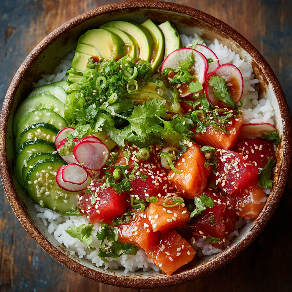 Un plat de sushi avec des légumes verts et des tomates.