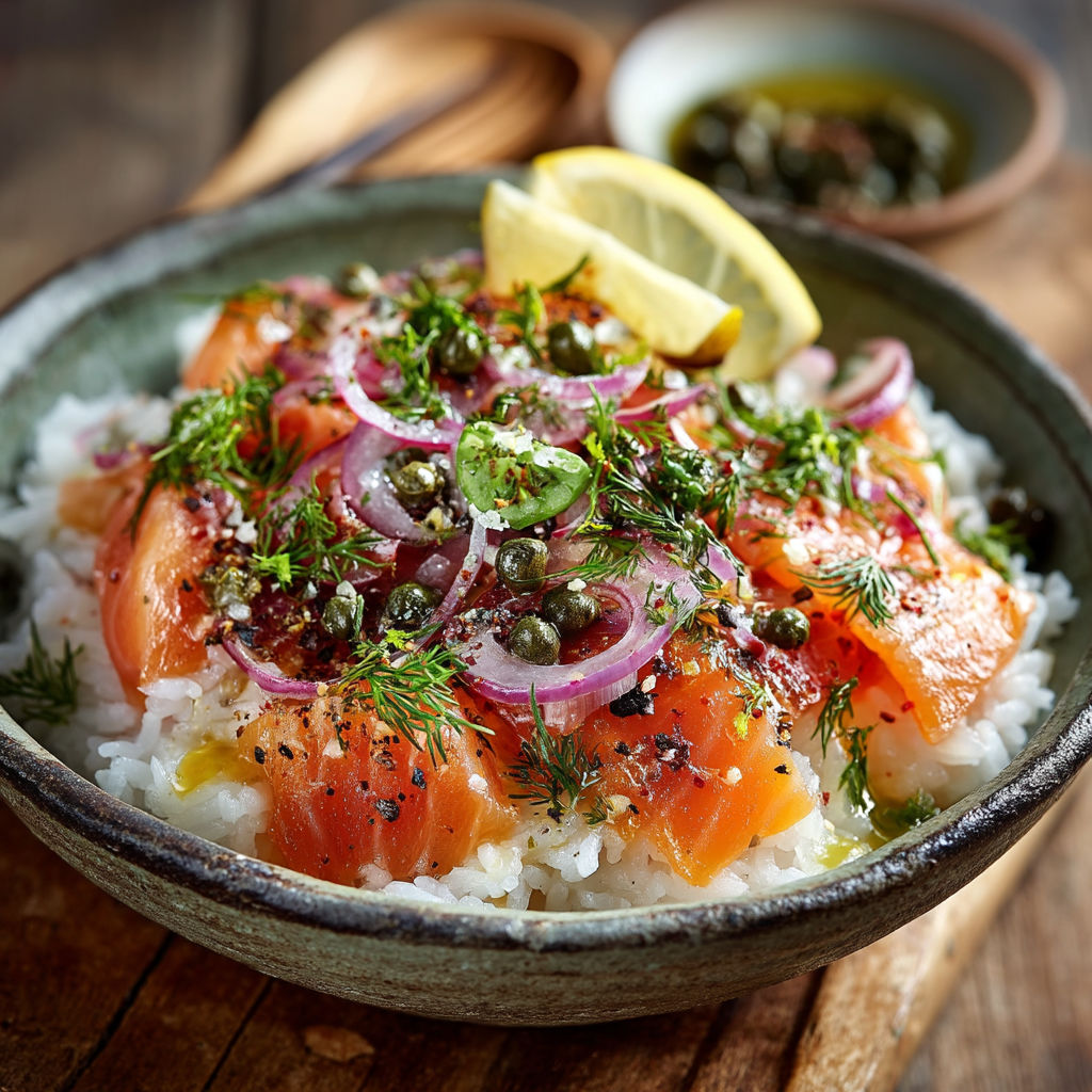 Un plat de poisson avec des légumes et des herbes.