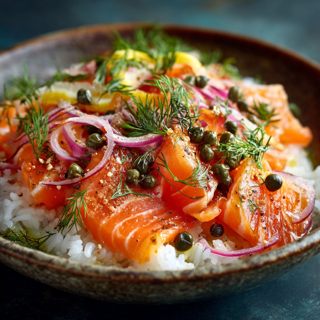 Une assiette de poisson avec des herbes et des oignons.