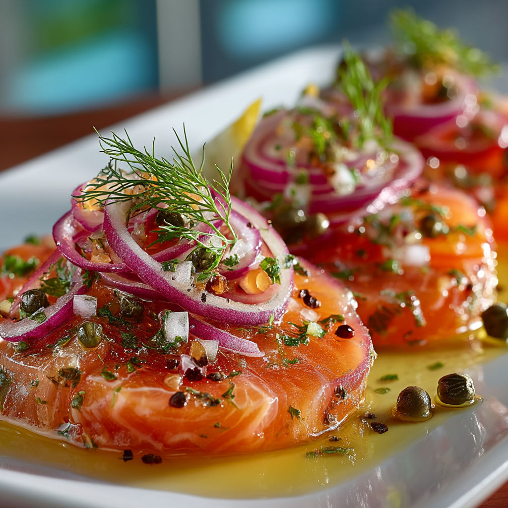 Carpaccio de saumon avec des oignons et des herbes.