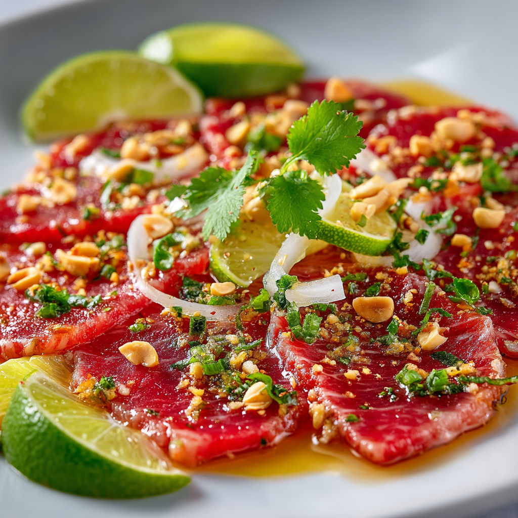 Un plat de viande rouge avec des légumes et des noix.