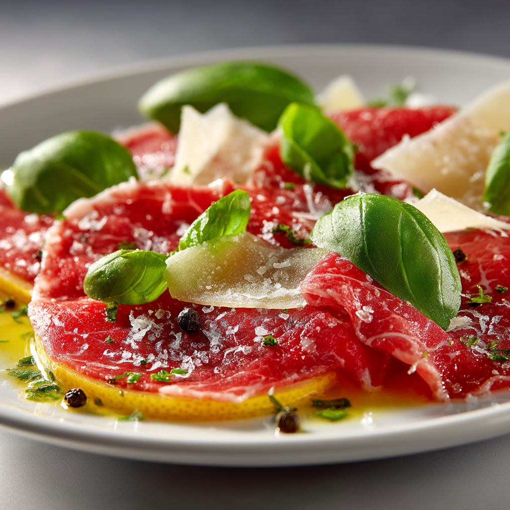 Une assiette de viande rouge avec des herbes et des noix de cajou.