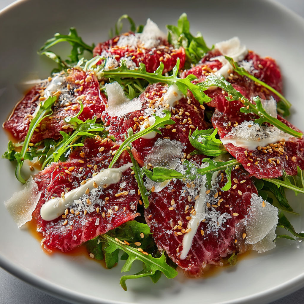 Salade de viande rouge avec des herbes et des graines de cumin.