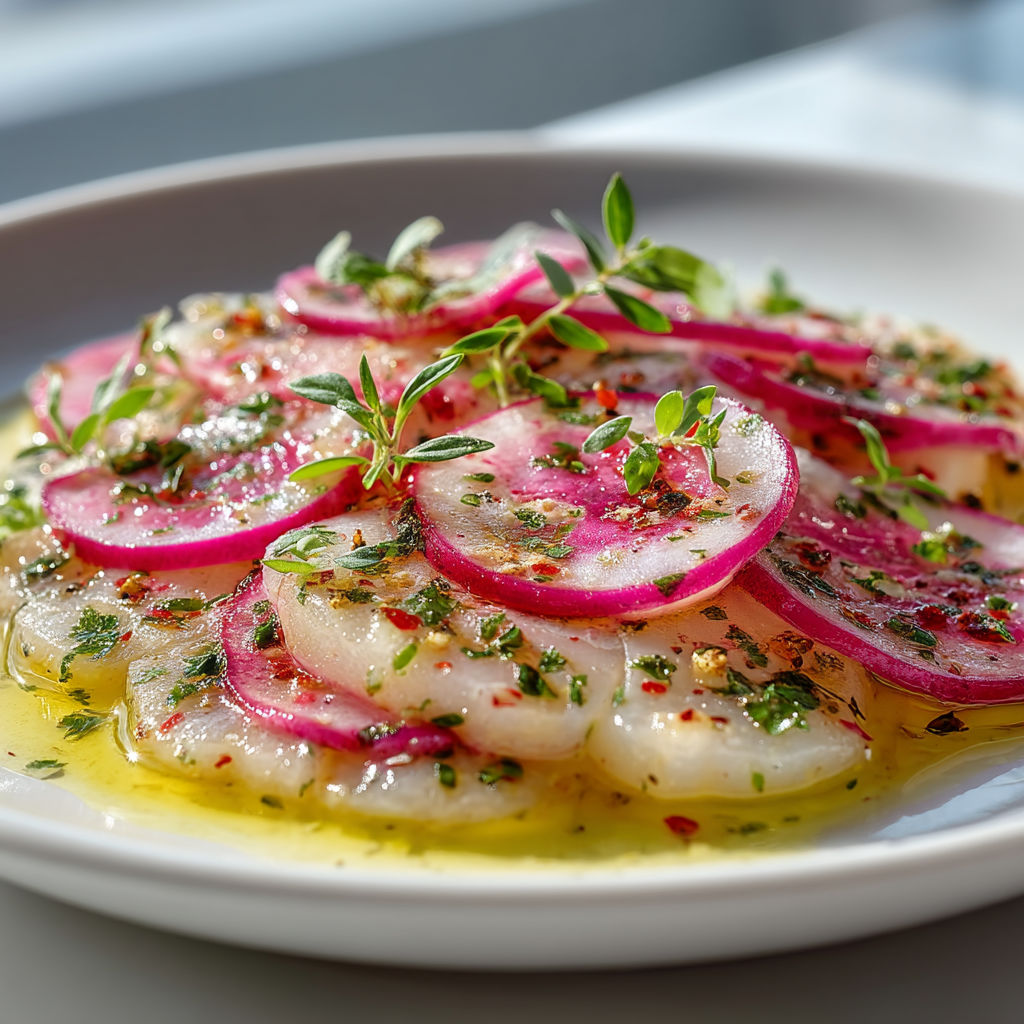 Carpaccio de radis et cabillaud.
