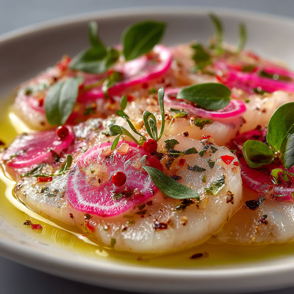 Plate of food with pink and green toppings.