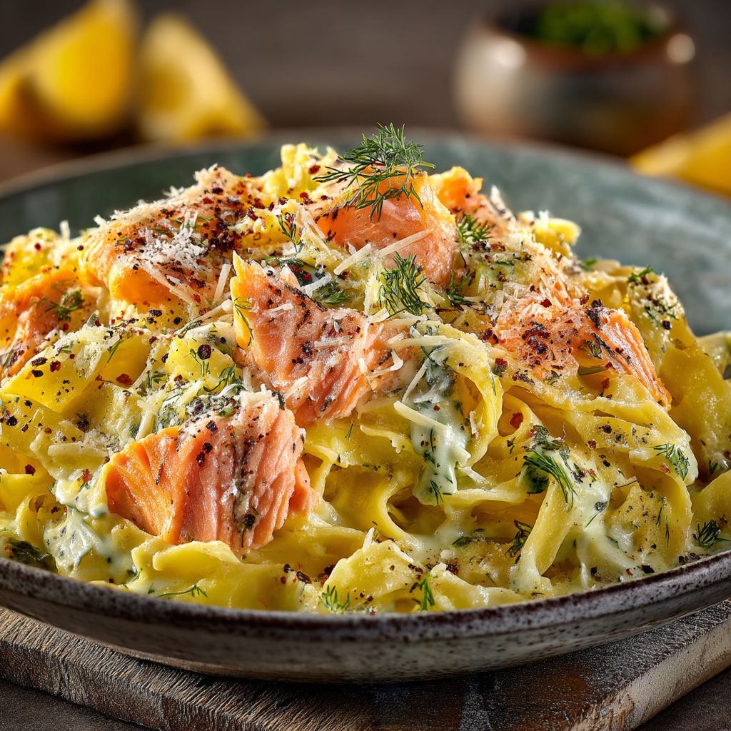 Une assiette de spaghetti avec des légumes et des poissons.