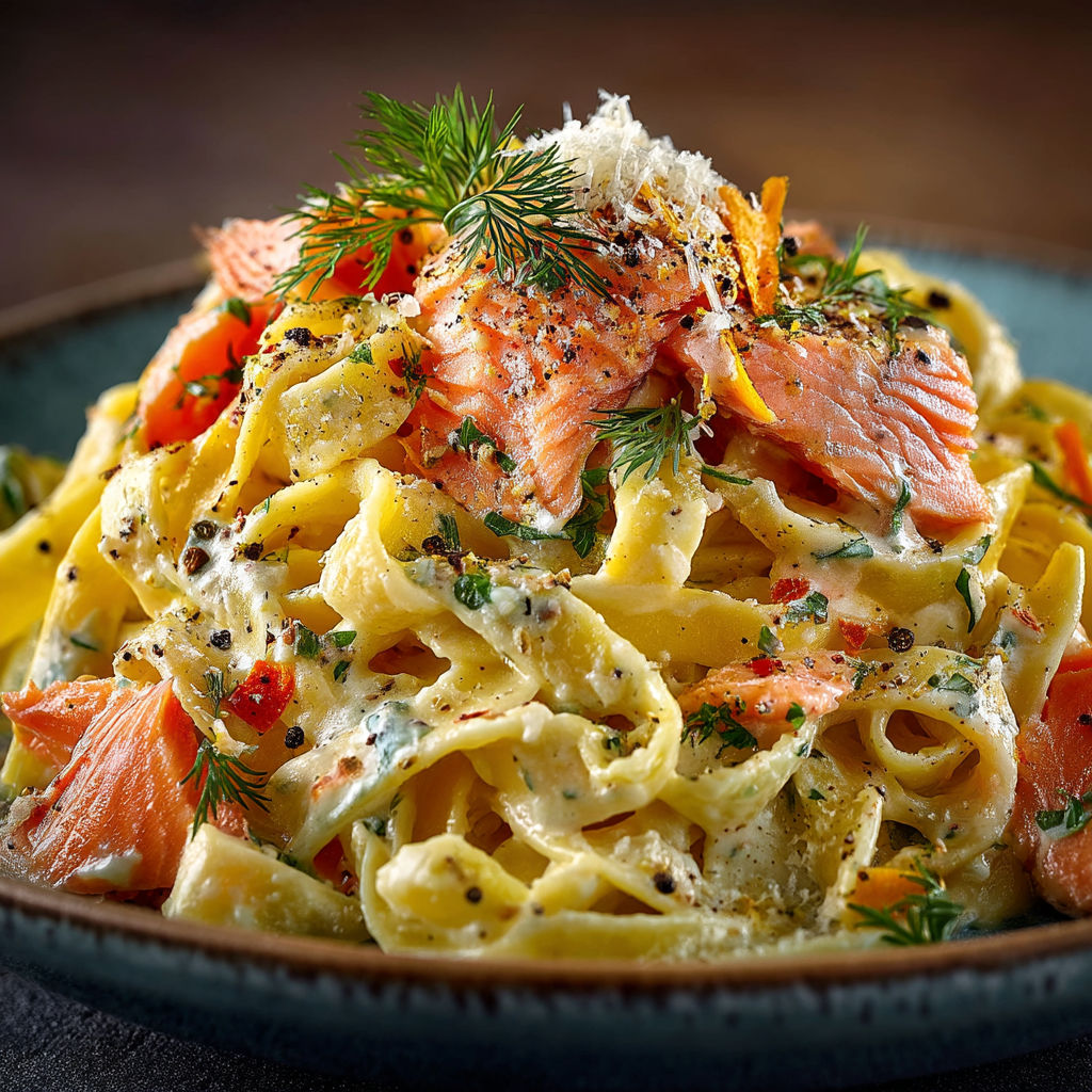 Une pile de spaghetti avec des légumes et des poissons.