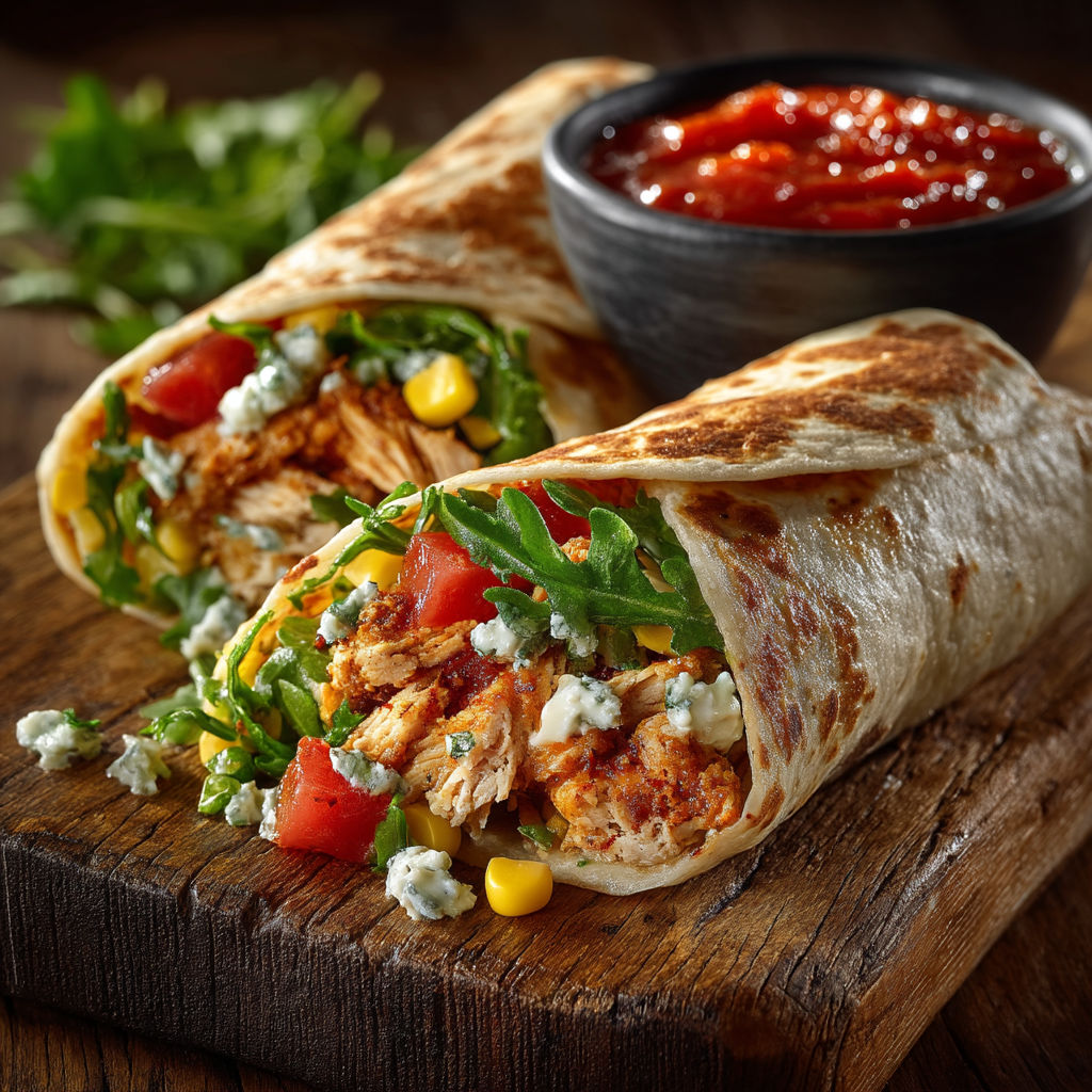 Un sandwich de pollo con salsa.