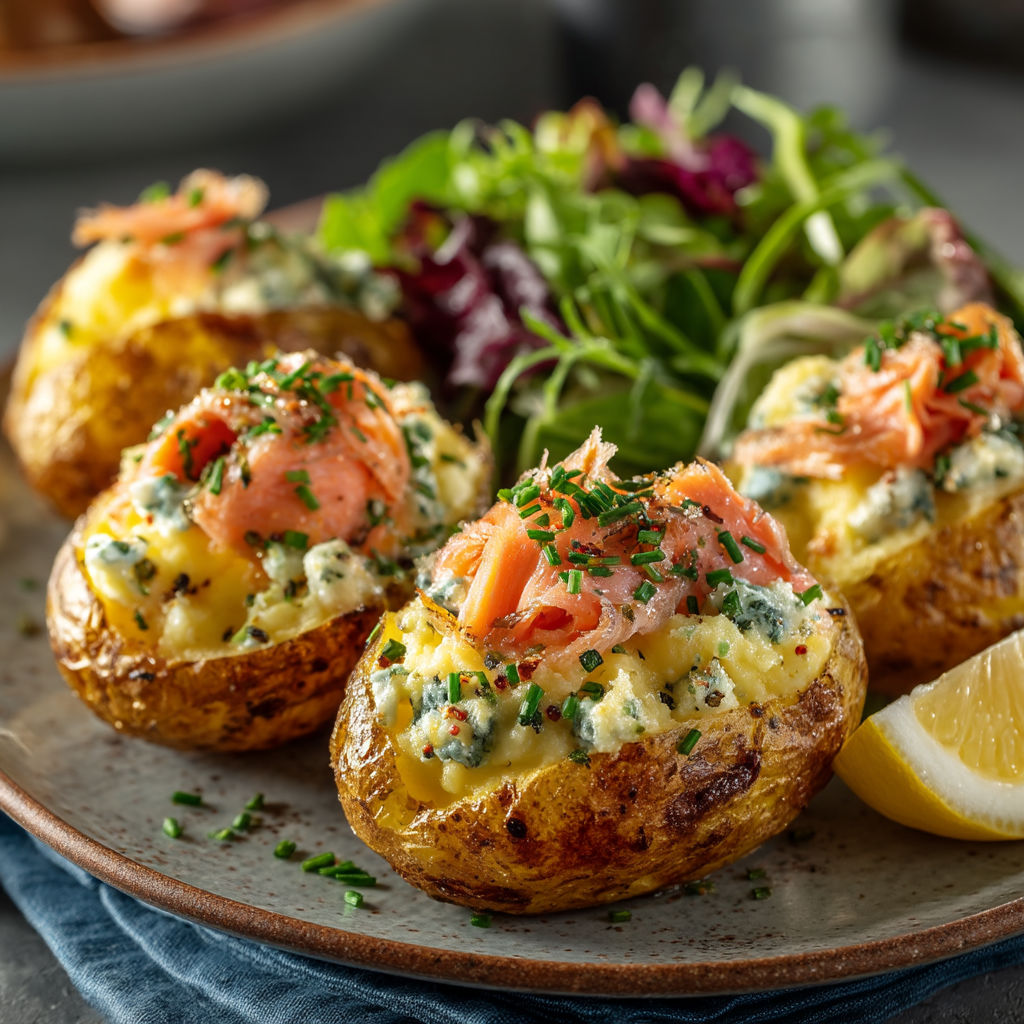 Pommes de terre au saumon fumé au air-fryer & salade.
