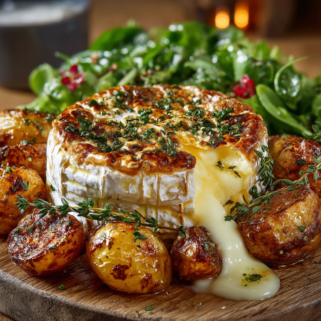 Une pâte de fromage fondu sur une salade verte.