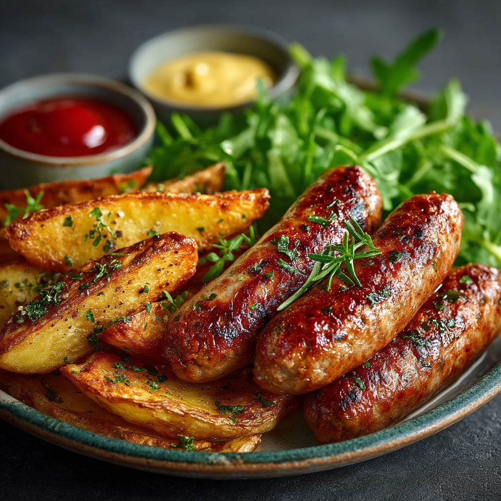Une assiette de saucisses, de pommes de terre frites et de salade.