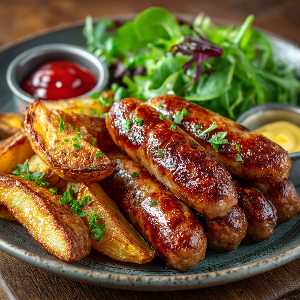 Une assiette de sausages grillés et de légumes verts.