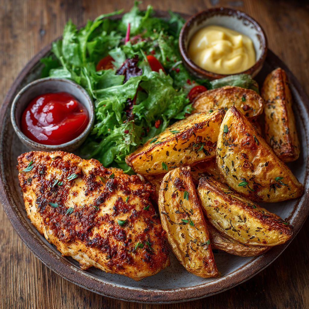 Poulet, pommes de terre et salade sur un plateau.