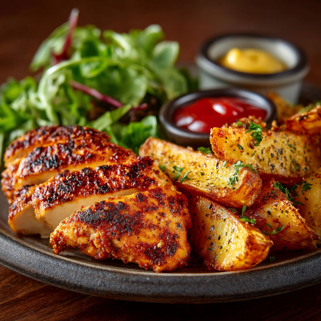 Poulet grillé avec des pommes de terre et une salade.