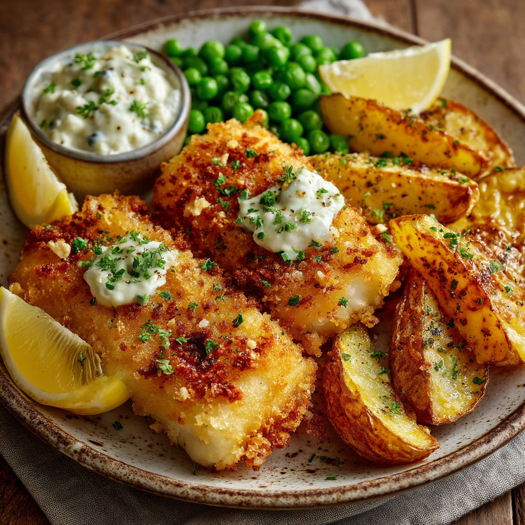 Plate of food with fish, potatoes, peas, and lemon.