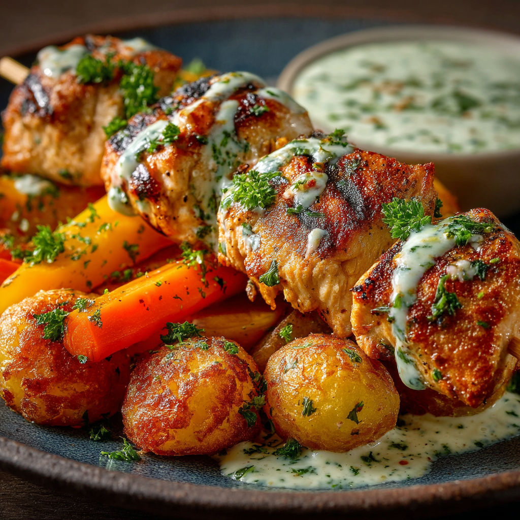 Brochettes de poulet et pommes noisettes au air-fryer.
