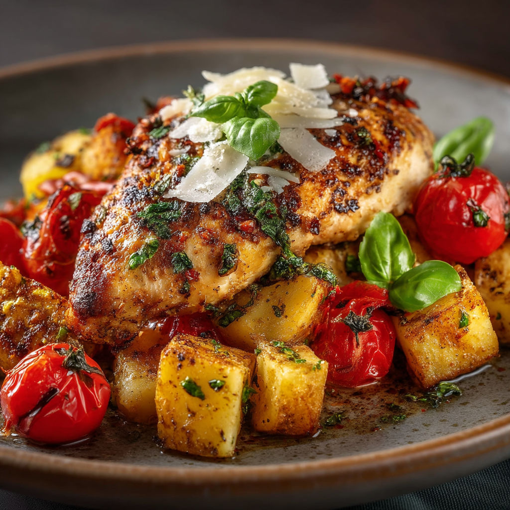 Une image de viande grillée avec des légumes et des herbes sur un plateau.