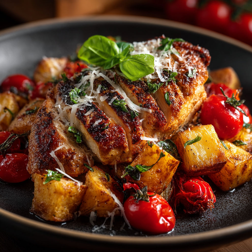 Un plat de viande avec des légumes et des herbes.