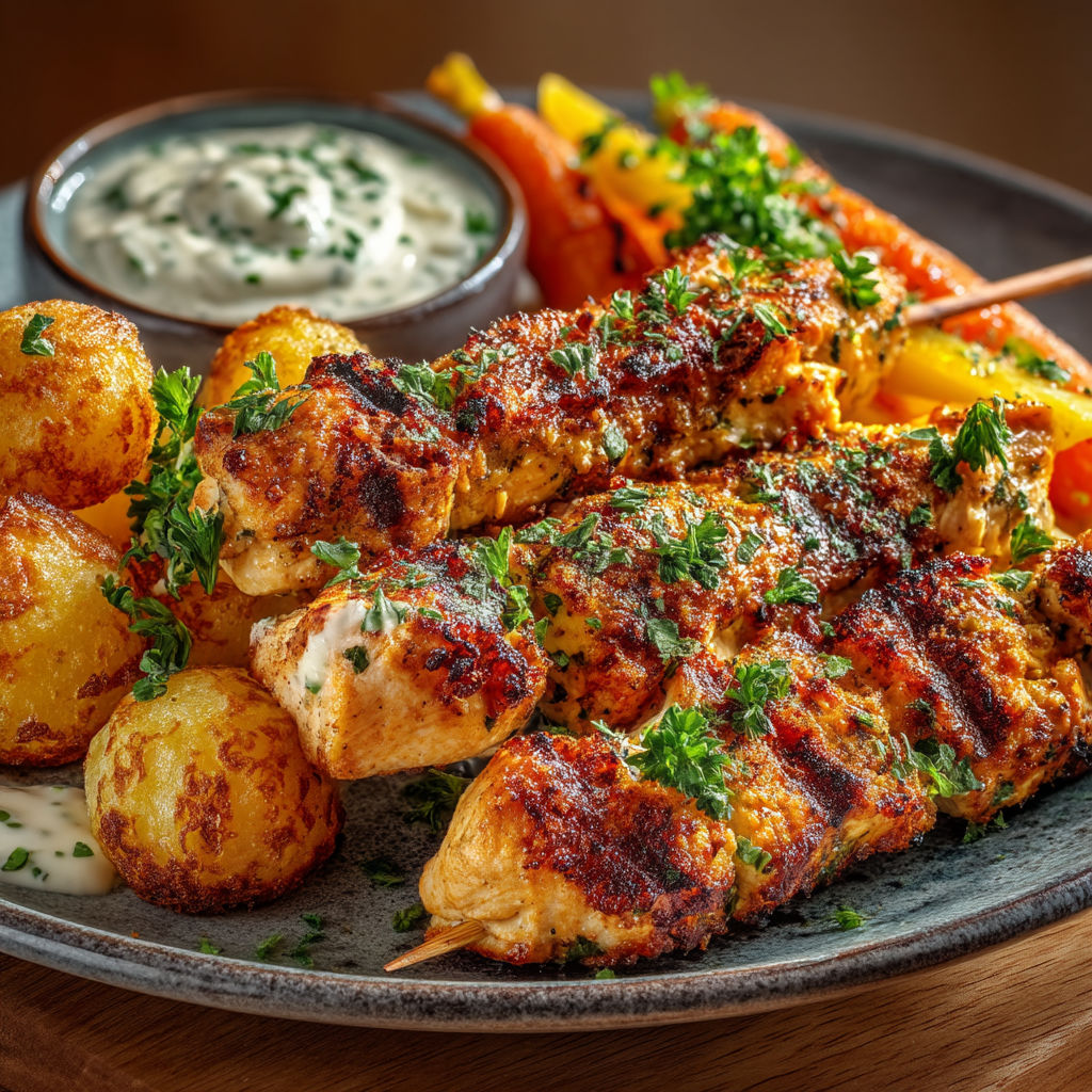 Une assiette de brochettes de poulet avec des légumes et une sauce.